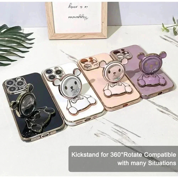 Glitter Bear Kickstand W/Mirror Case For iPhone 15 Pro 6.1” Pink Gold Trim - Picture 4 of 8